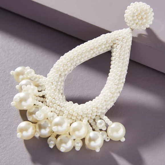 Anthro Deepa Gurnani Earrings Pearls Beaded Teardrop Tassel Bridal Formal - Picture 4 of 15